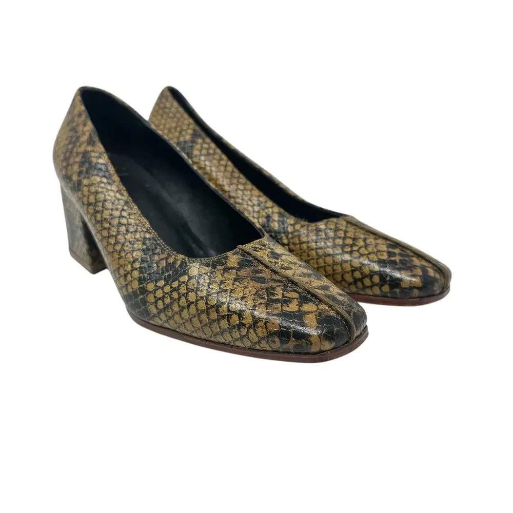 No. 6 Heels Pumps Shoes Snakeskin‎ Leather Square Toe Brown Tan Size US 6